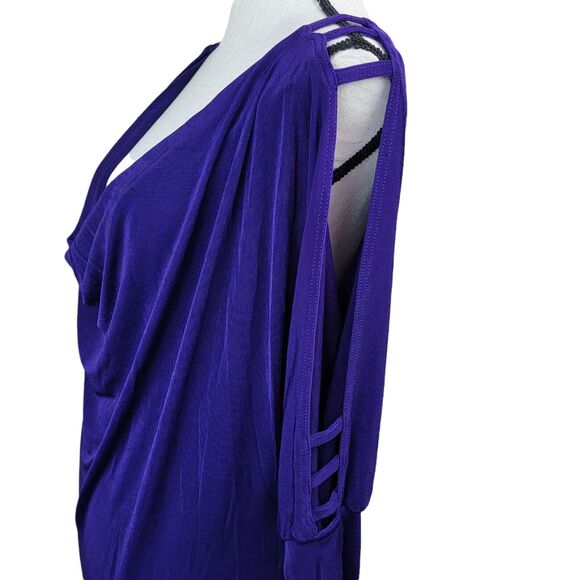 VTG 80s Purple Cowl Neck Dress Womens Sz S M Batwing Slit Sleeve Midi Drop Waist - Picture 5 of 7